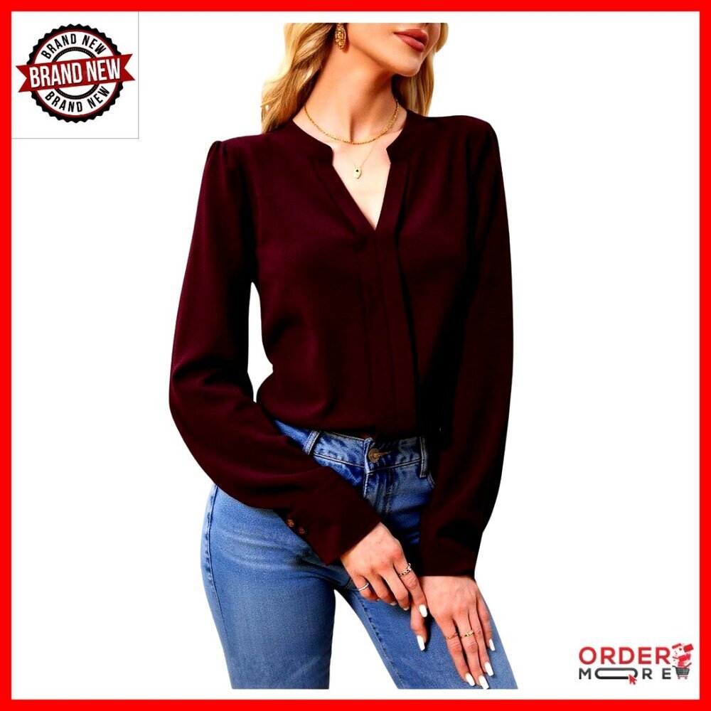 Long Sleeve Notch Neck Blouse Loose Fit Office Work Top